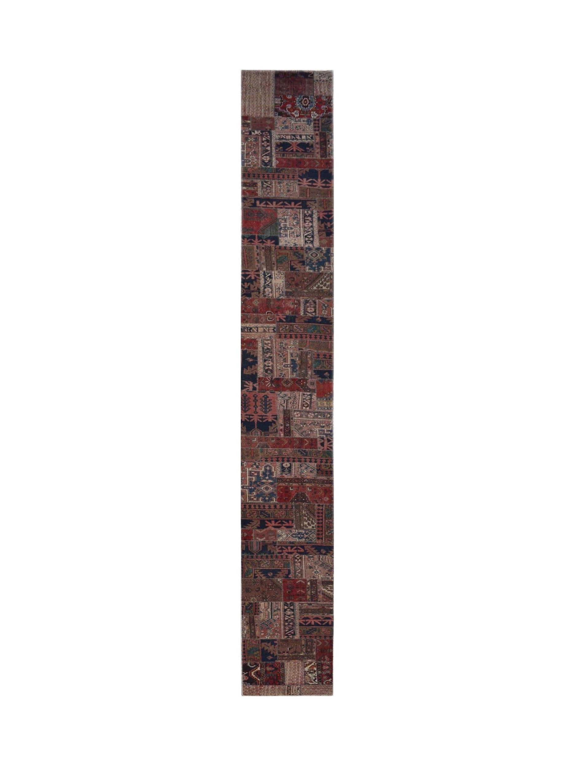 A handmade Afghan wool runner rug featuring a vintage patchwork design in varied earthy tones.