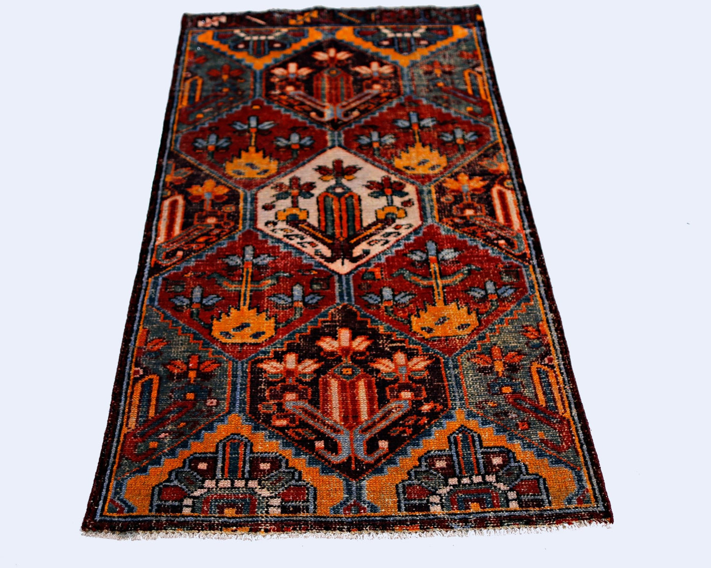 A vintage Persian Bakhtiari rug featuring a geometric floral pattern in vibrant red and blue tones.