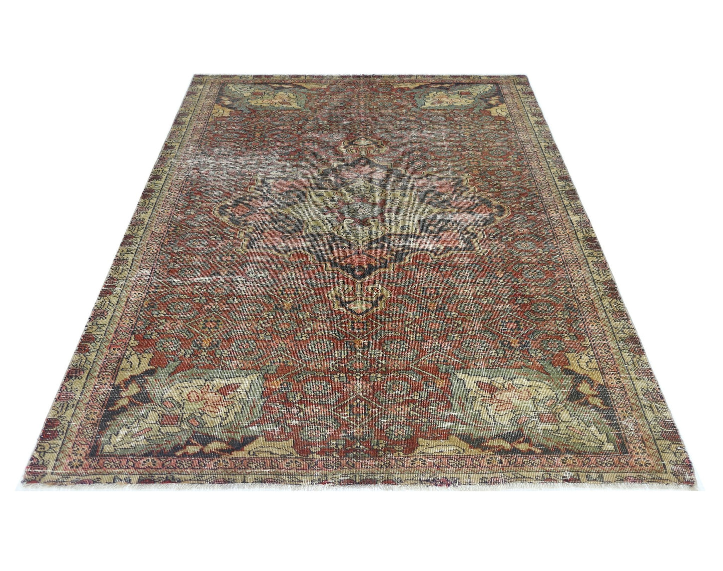 A vintage handmade Persian Bakhtiari rug featuring a traditional floral medallion in muted tones.