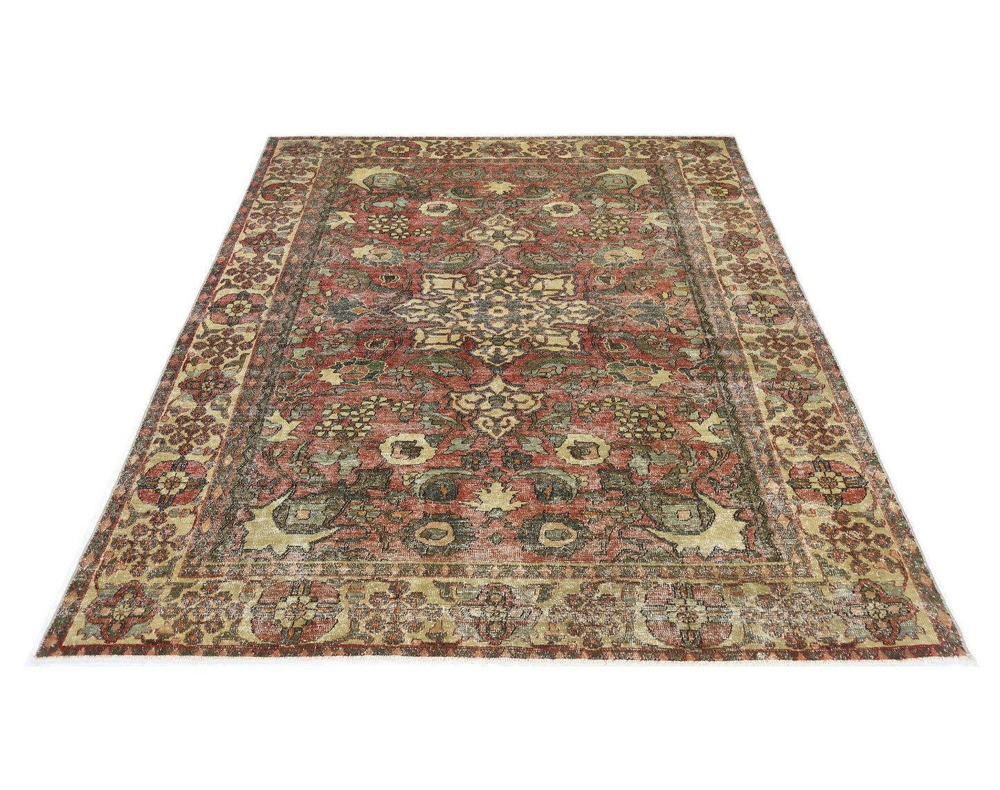 A vintage Persian Bakhtiari rug featuring a traditional floral pattern in red, green, and beige.