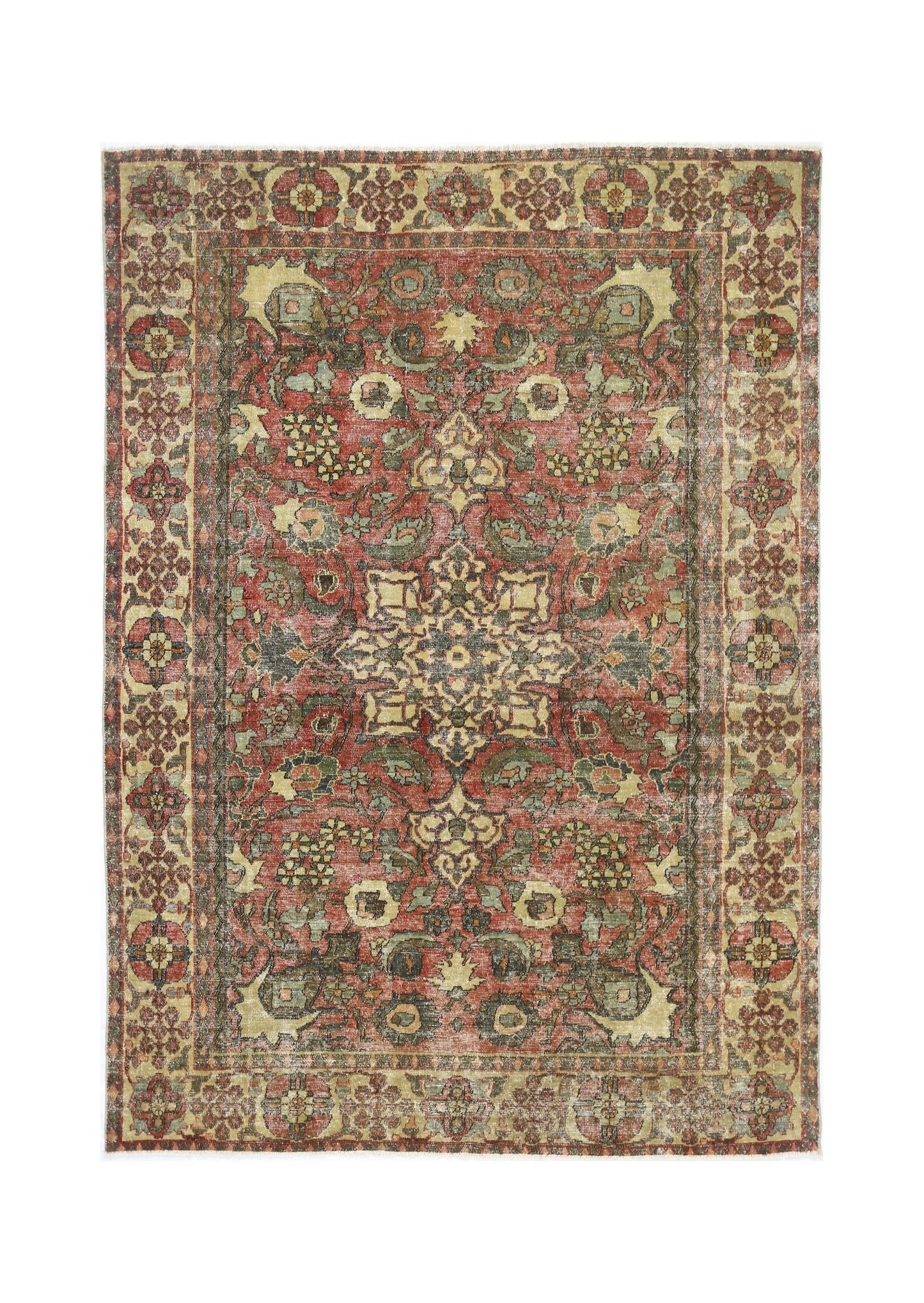 A vintage handmade Persian Bakhtiari rug featuring a floral medallion pattern in red and green.