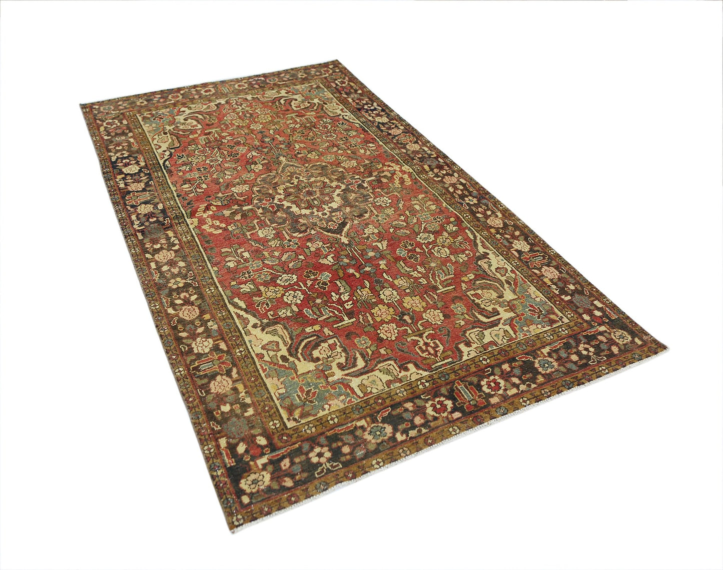 A vintage Persian Bakhtiari rug featuring a traditional floral pattern in red and earthy tones.