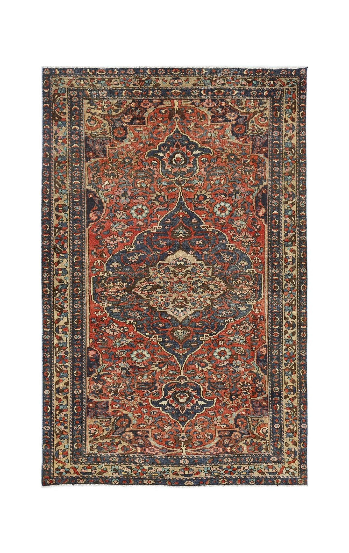 A vintage Persian Bakhtiari rug featuring a central floral medallion on a red and blue field.