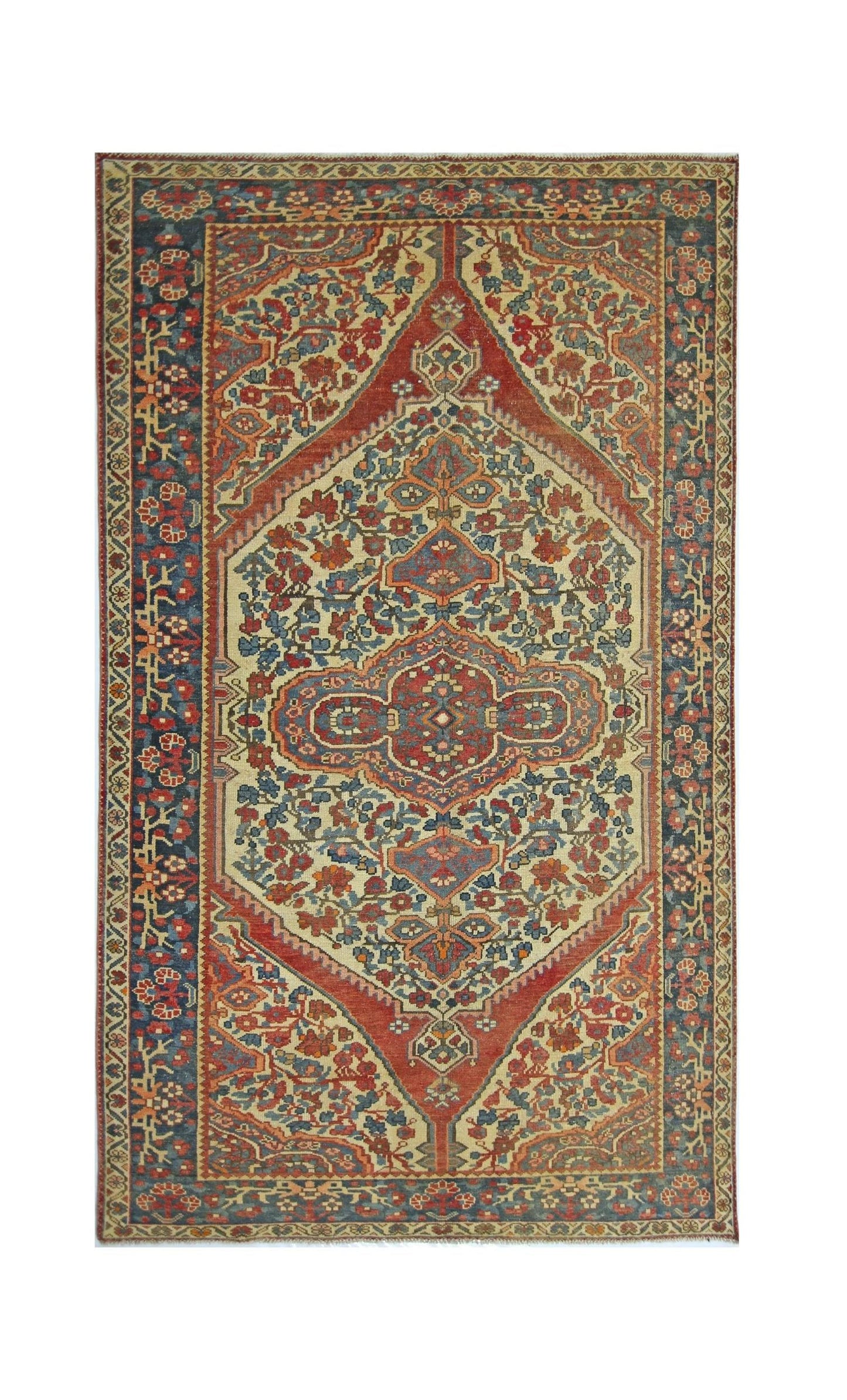 A vintage Persian Bakhtiari rug featuring a central medallion with intricate floral patterns.