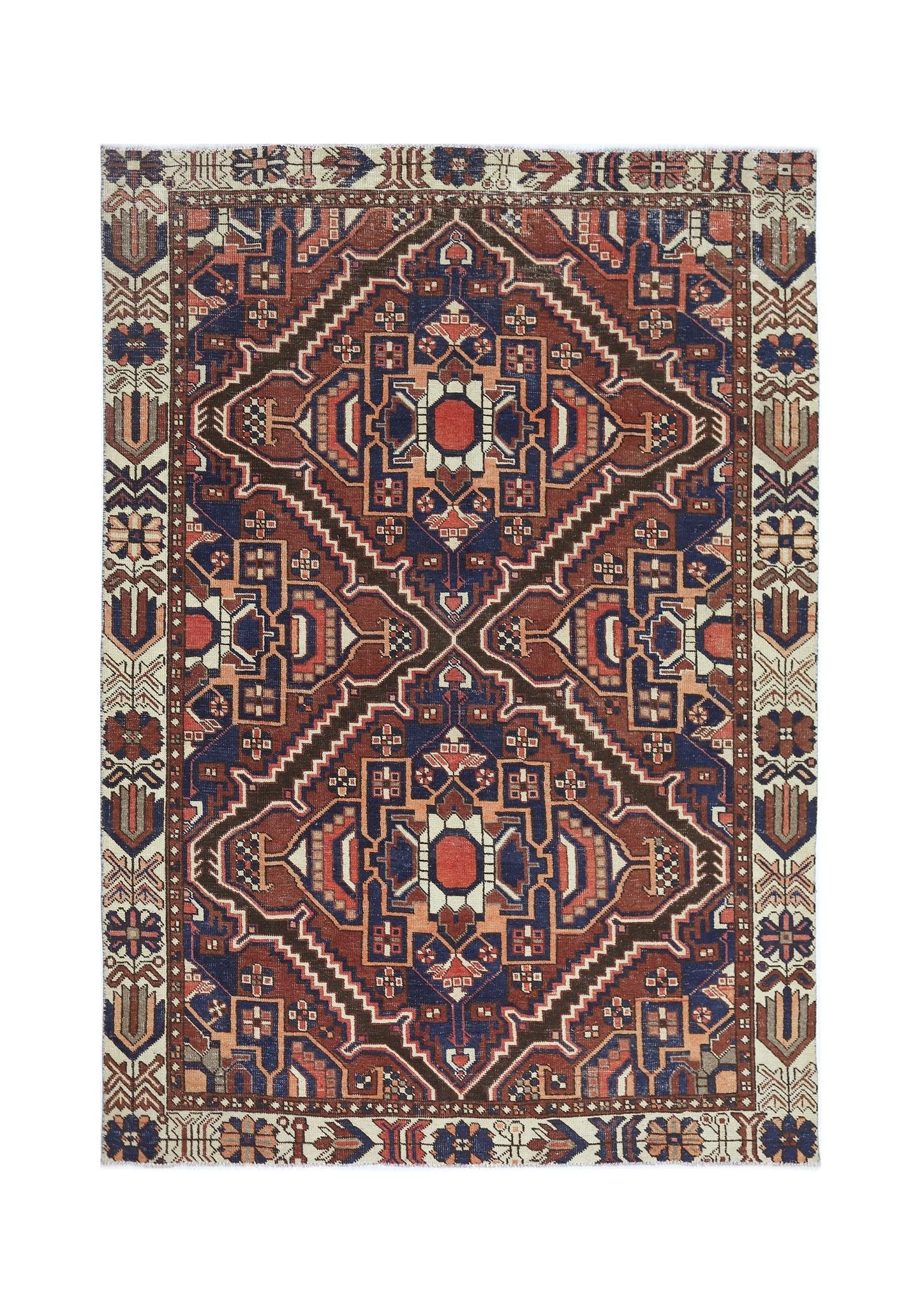 A vintage handmade Persian Bakhtiari rug featuring a geometric diamond pattern in red and blue.