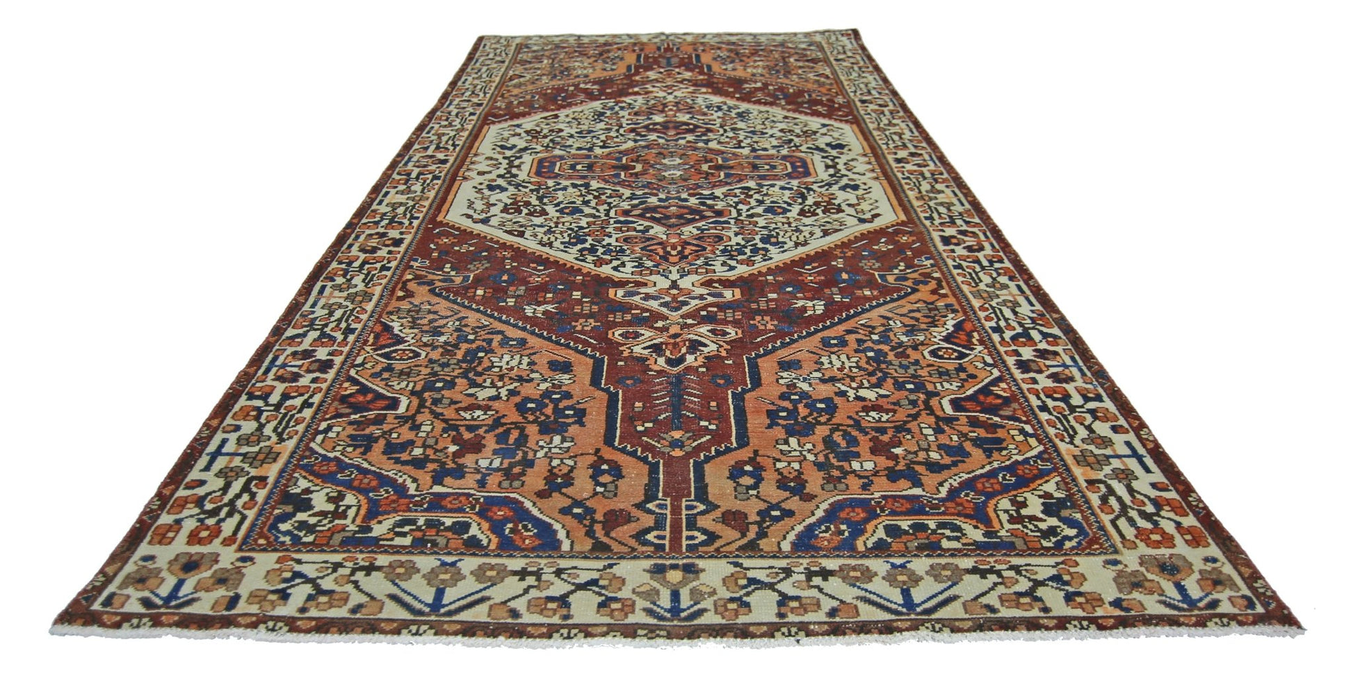 A vintage handmade Persian Bakhtiari rug featuring a traditional floral medallion and geometric motifs.