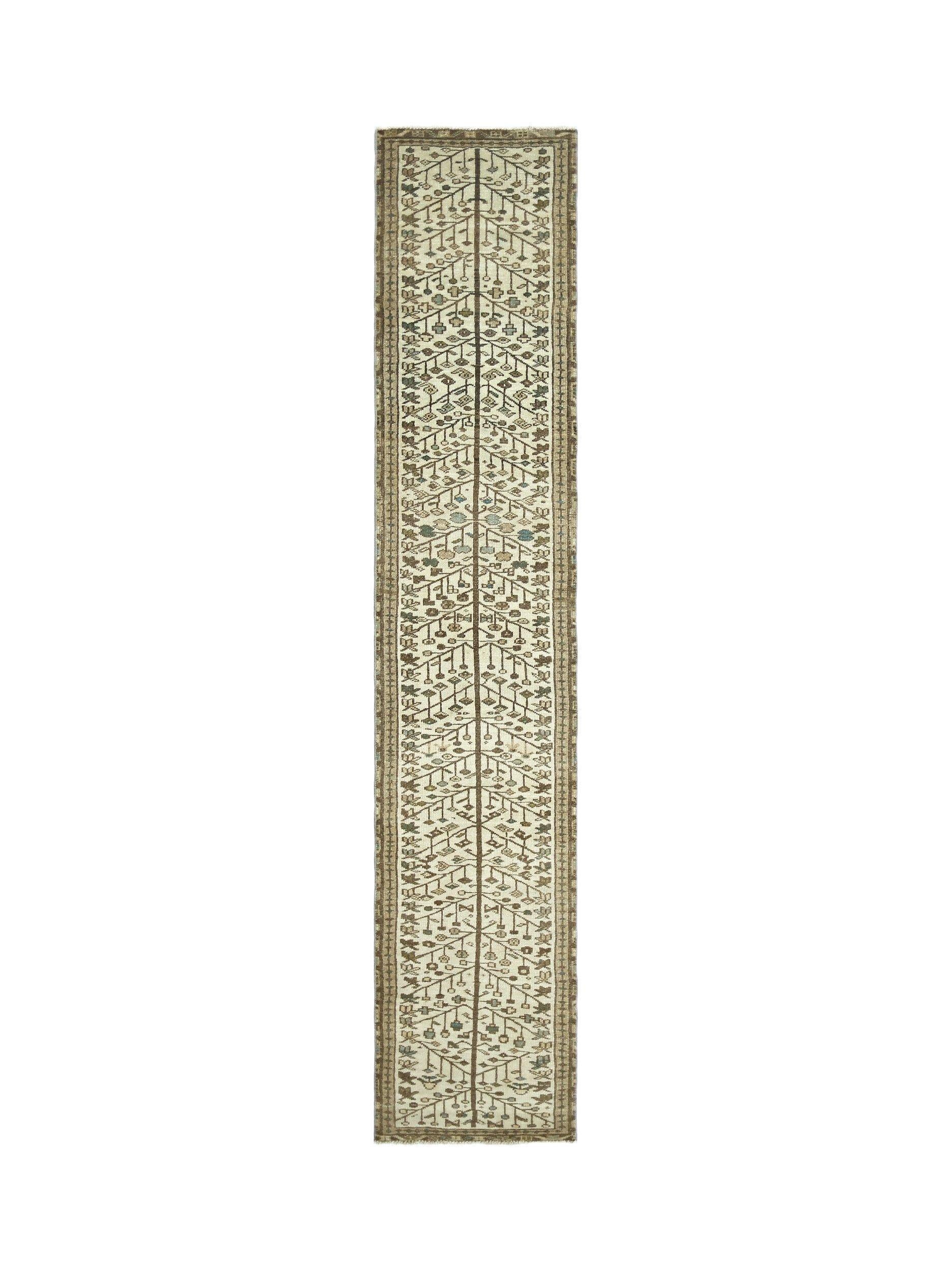 A vintage Persian Bakhtiari runner featuring a central tree of life motif on a cream field.
