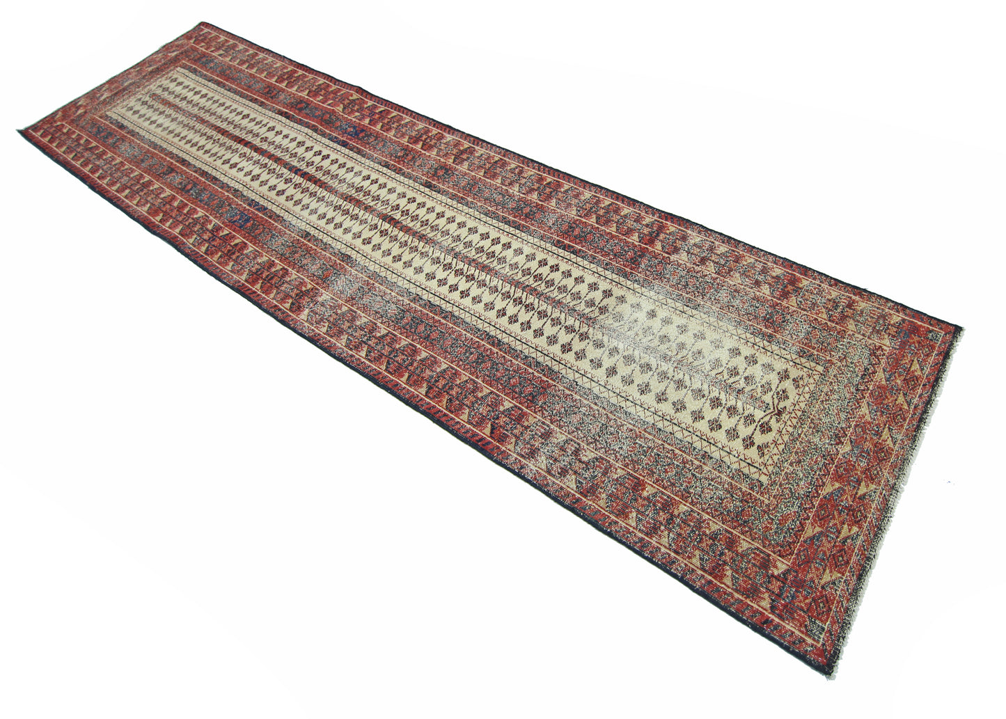 A vintage Persian Bakhtiari runner rug featuring a repeating floral pattern in red and cream.