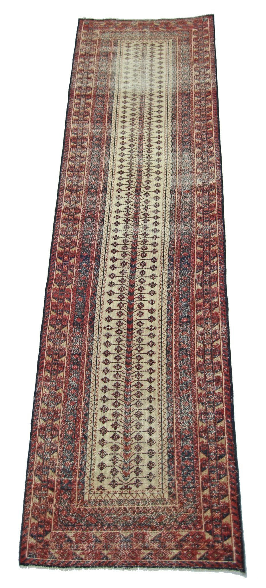 A vintage Persian Bakhtiari runner featuring a central floral vine pattern on a cream background.