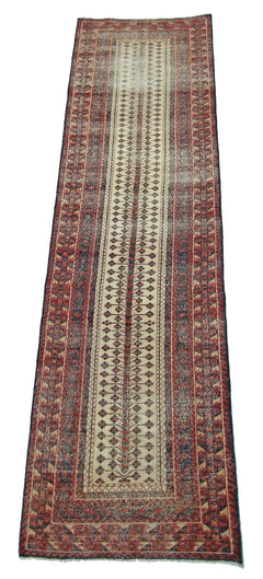 A vintage Persian Bakhtiari runner featuring a central floral vine pattern on a cream background.