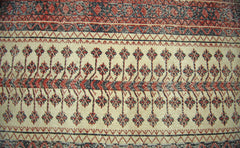 A vintage Persian Bakhtiari runner featuring geometric floral motifs in red and black on cream wool.