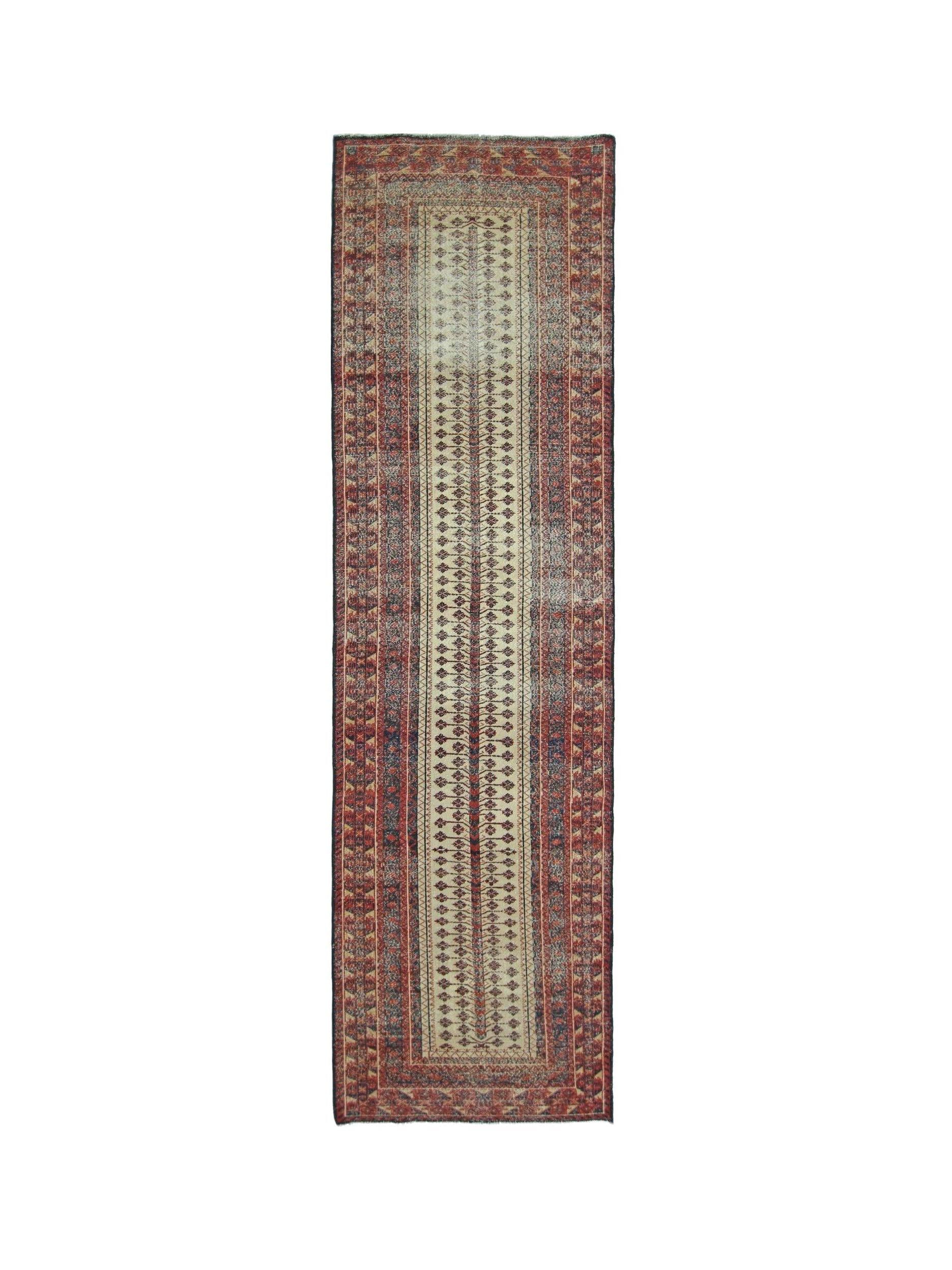 A vintage Persian Bakhtiari runner featuring a central floral vine pattern on a cream field.