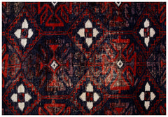 A vintage Afghan Baluch rug featuring a repeating geometric pattern in deep red and dark blue.