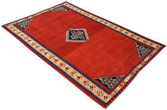 A rectangular vintage Persian kilim rug featuring a red field with geometric patterns and borders.