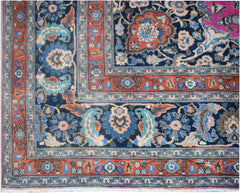 A vintage Persian Bidjar rug featuring a dark blue field with intricate floral and vine patterns.