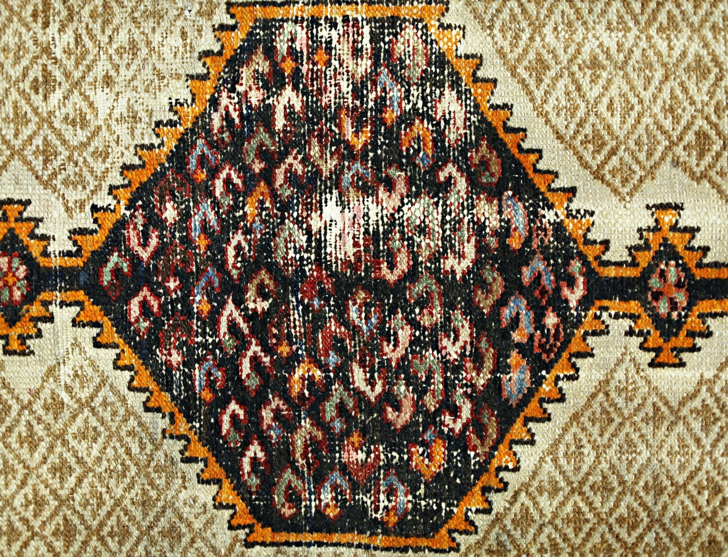 A vintage Persian Hamadan rug featuring a central black diamond medallion with colorful patterns.