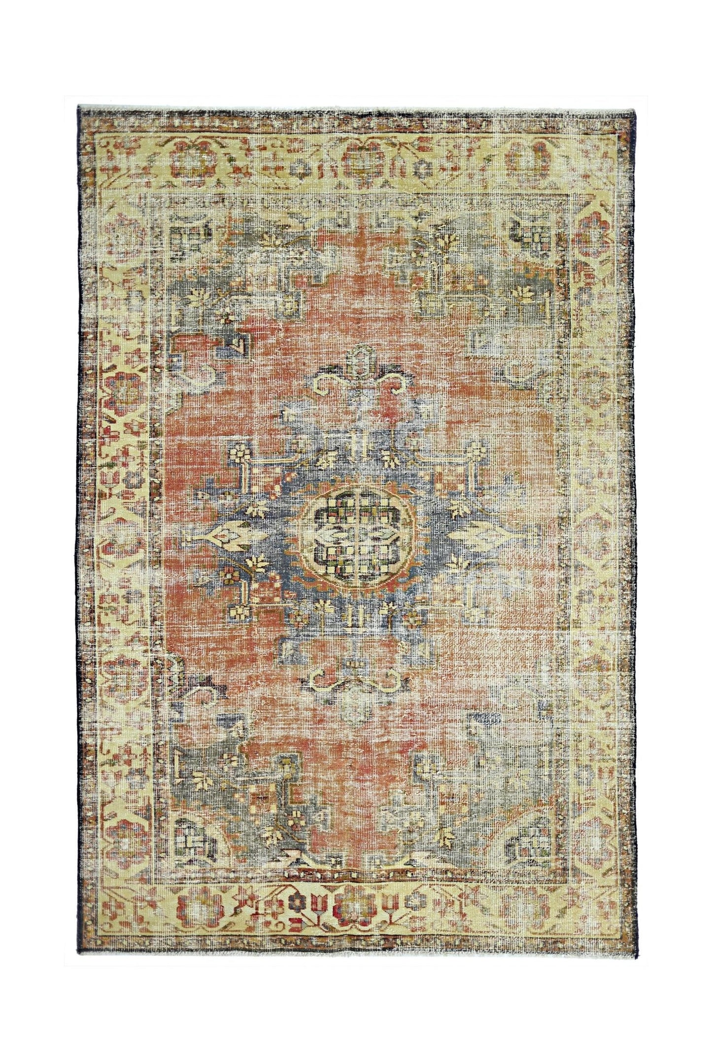 A vintage Persian rug featuring a central medallion in blue and orange with a distressed finish.