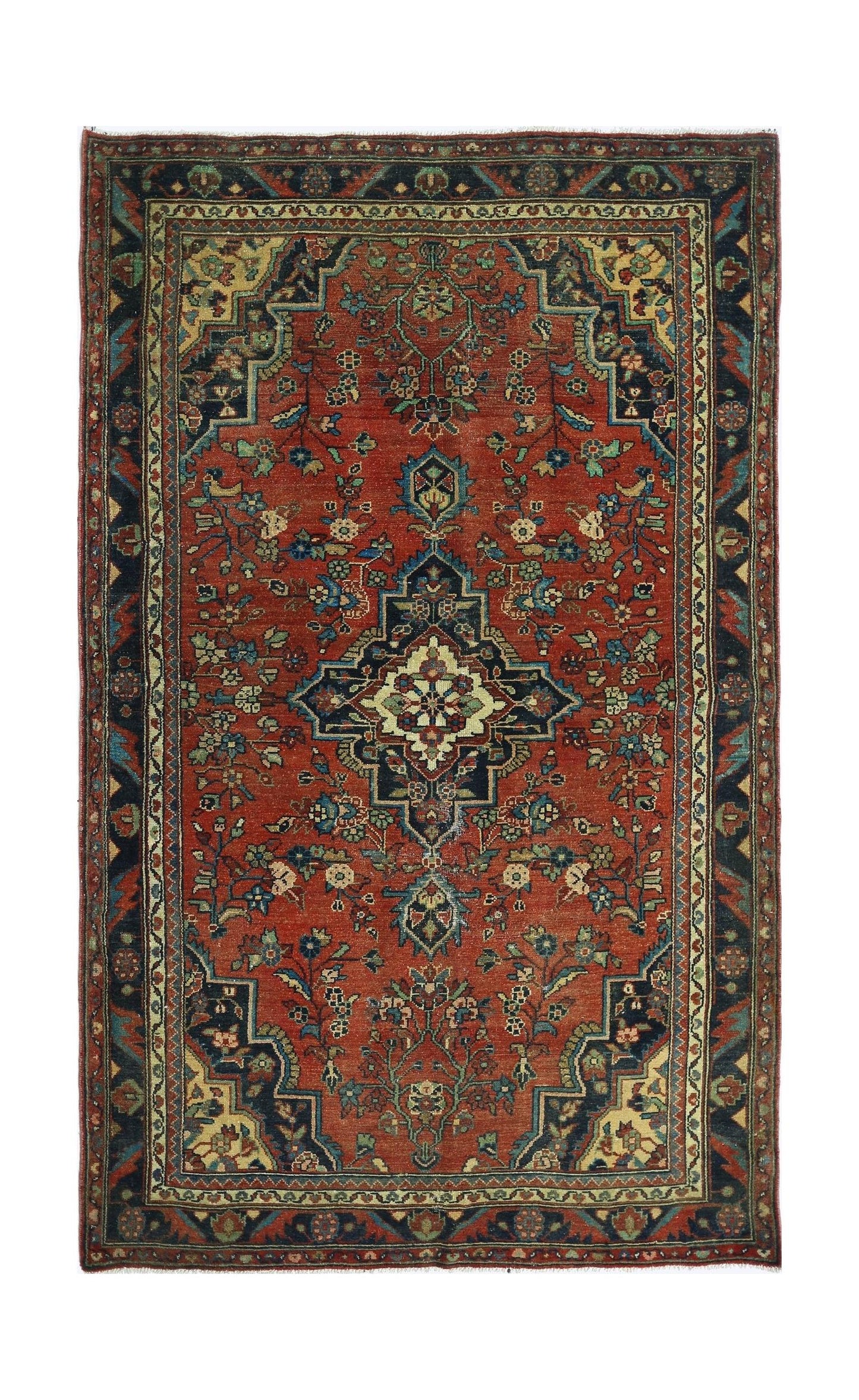 A vintage Persian rug featuring a central medallion and floral patterns on a red field.