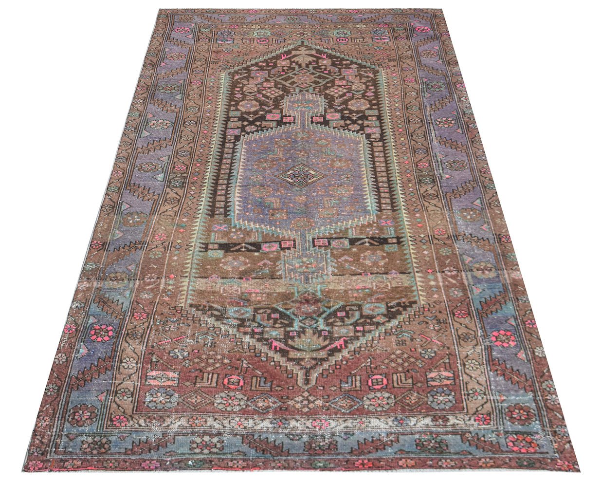 Vintage Persian Hamadan rug with intricate geometric patterns in muted colors.