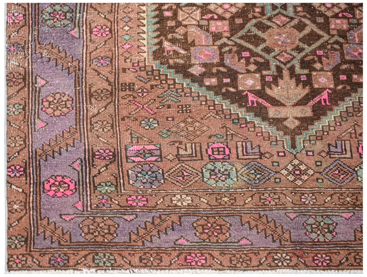 Vintage Persian Hamadan rug with intricate geometric patterns in brown, purple, and pink.