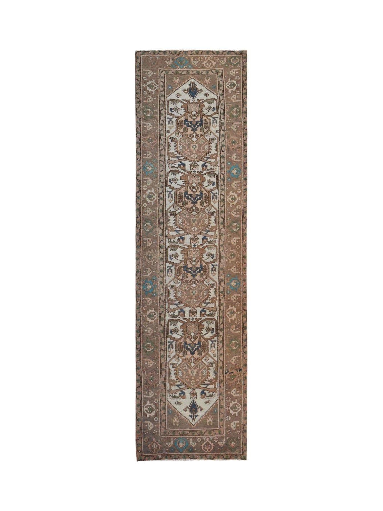 A vintage handwoven Persian Hamadan runner featuring a geometric pattern in brown and cream tones.