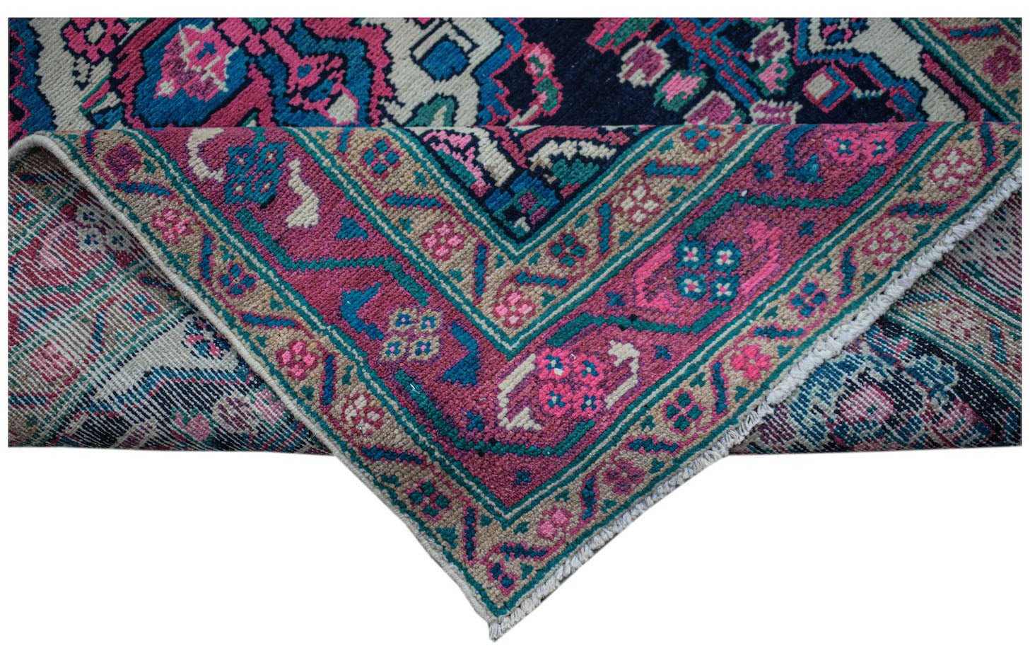 A vintage Persian Hamadan runner featuring a vibrant floral pattern in pink, blue, and tan.