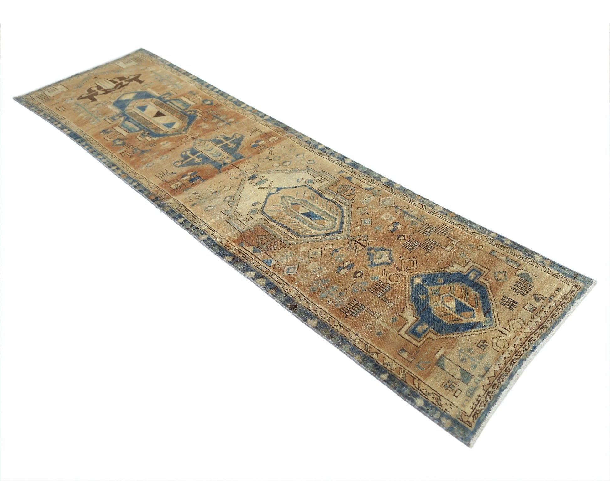 A vintage Persian Hamadan runner rug featuring geometric patterns in blue and tan tones.