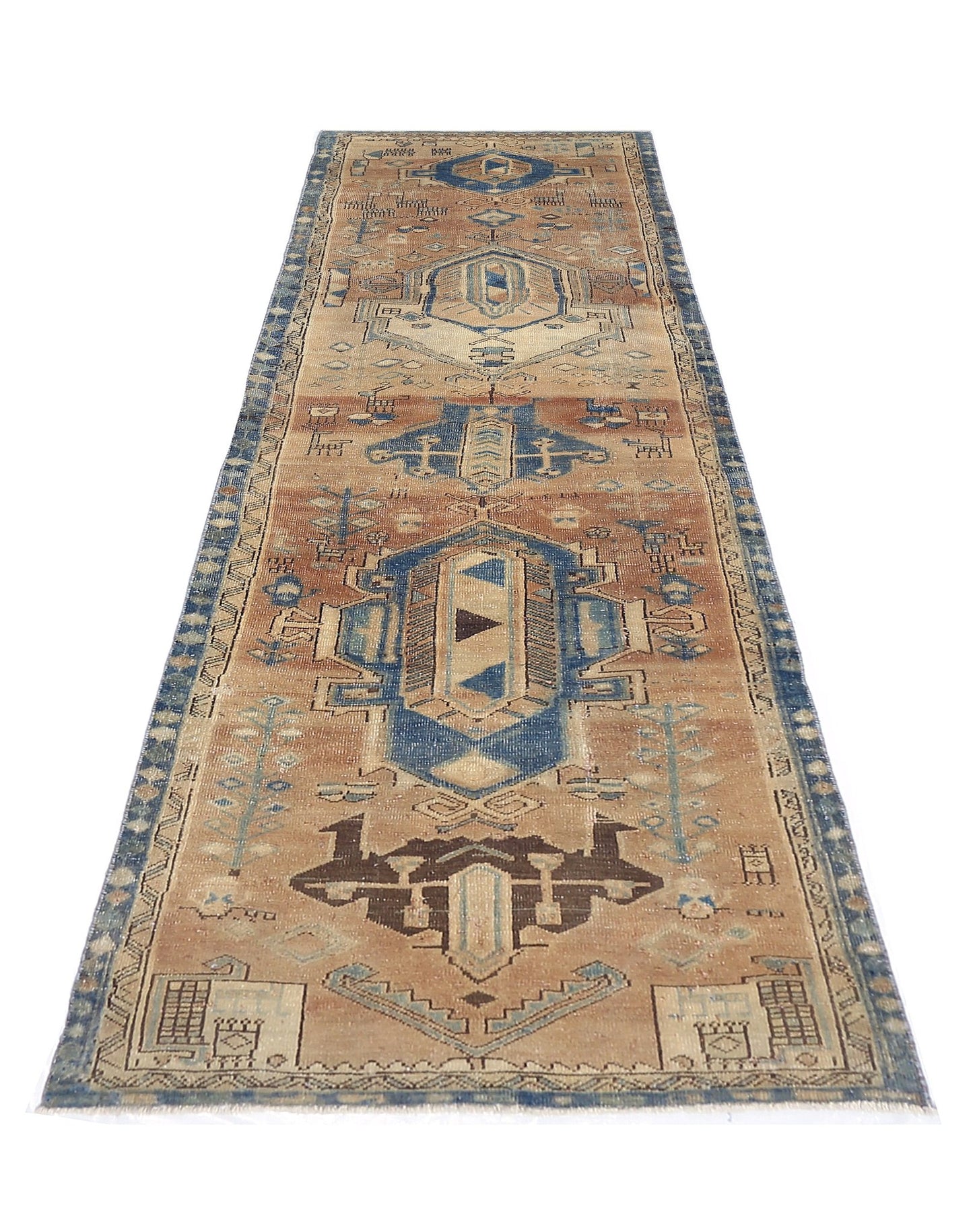 A vintage Persian Hamadan runner rug featuring geometric blue and brown tribal patterns.