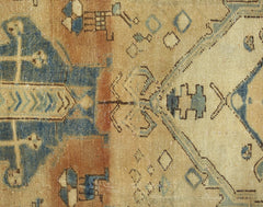 A vintage Persian Hamadan runner featuring geometric tribal patterns in blue and tan wool.