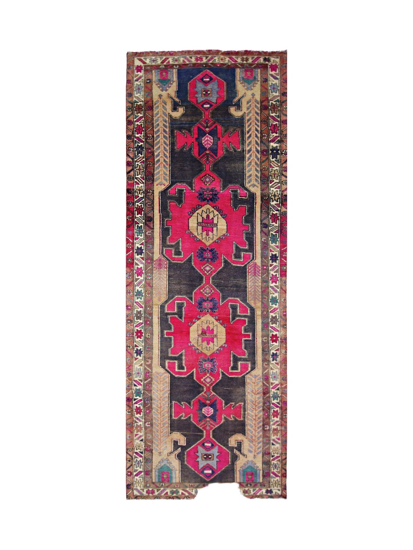A vintage Persian Hamadan runner featuring geometric medallions in vibrant pink and dark blue.