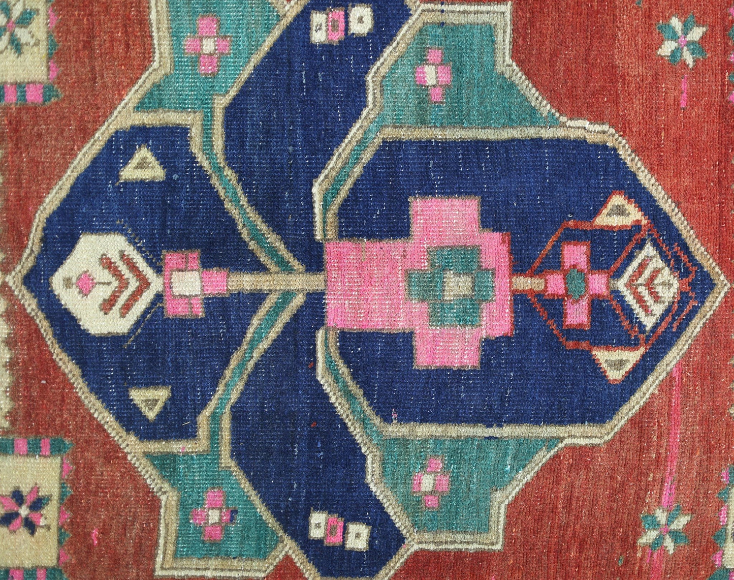 Vintage Persian Hamadan runner with geometric patterns in blue, red, and teal.