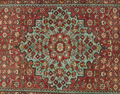 Vintage Persian Hossainabad runner featuring a central floral medallion on a red wool field.
