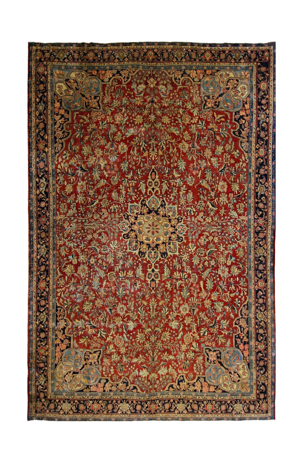 Hand-knotted vintage Persian Kashan rug featuring a red field, central floral medallion, and intricate navy blue borders.