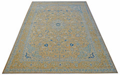 A vintage Persian Kashan rug featuring a central medallion and intricate floral patterns in blue.