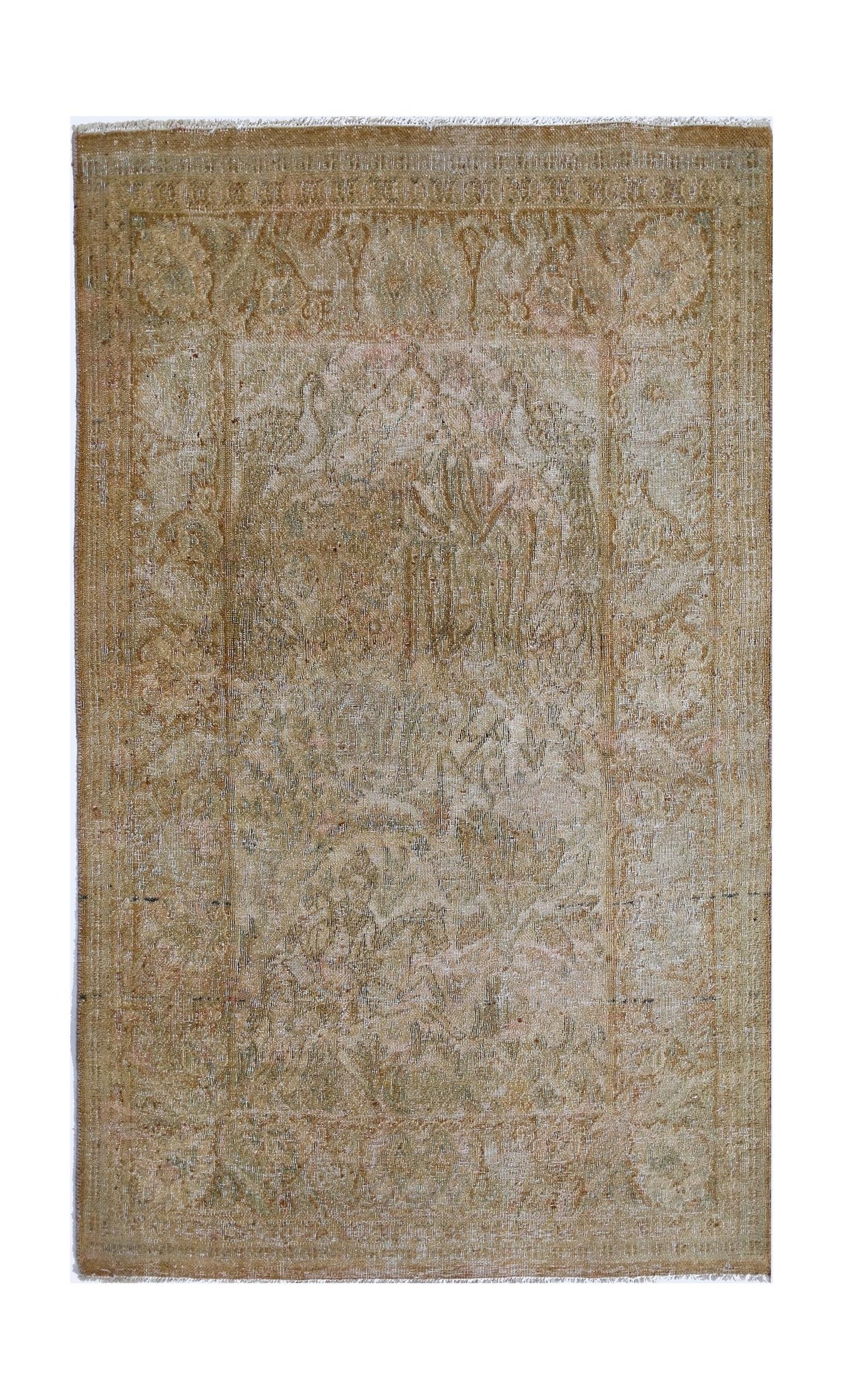 A vintage Persian Kerman rug featuring a faded floral medallion design in soft, neutral tones.