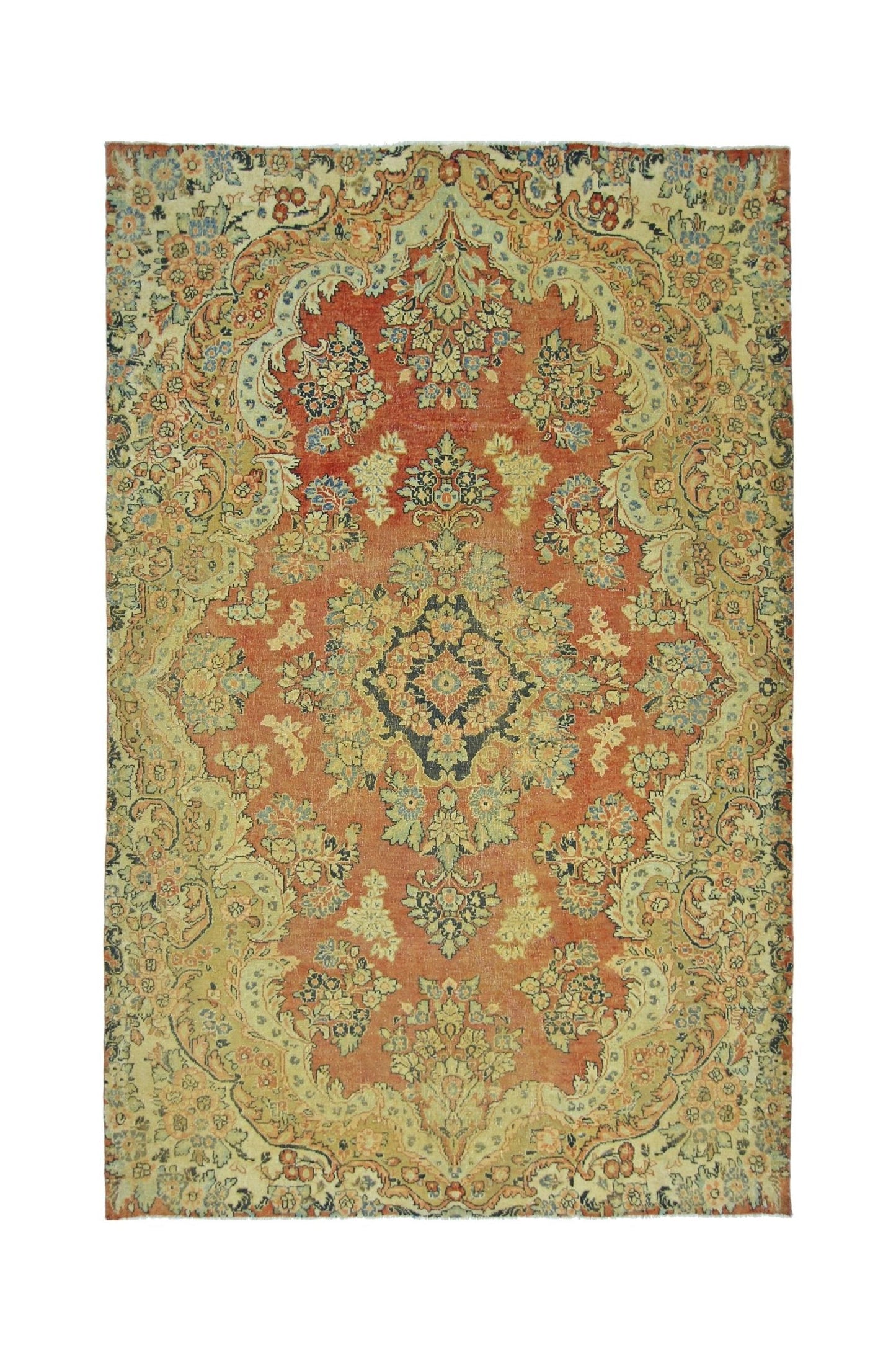 A vintage Persian Kerman rug featuring a central medallion and intricate floral patterns in red.