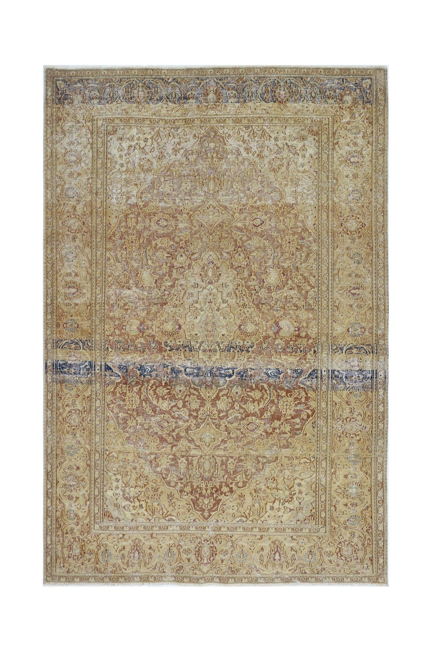 A vintage Persian Kerman rug featuring a central medallion and intricate floral patterns in gold.