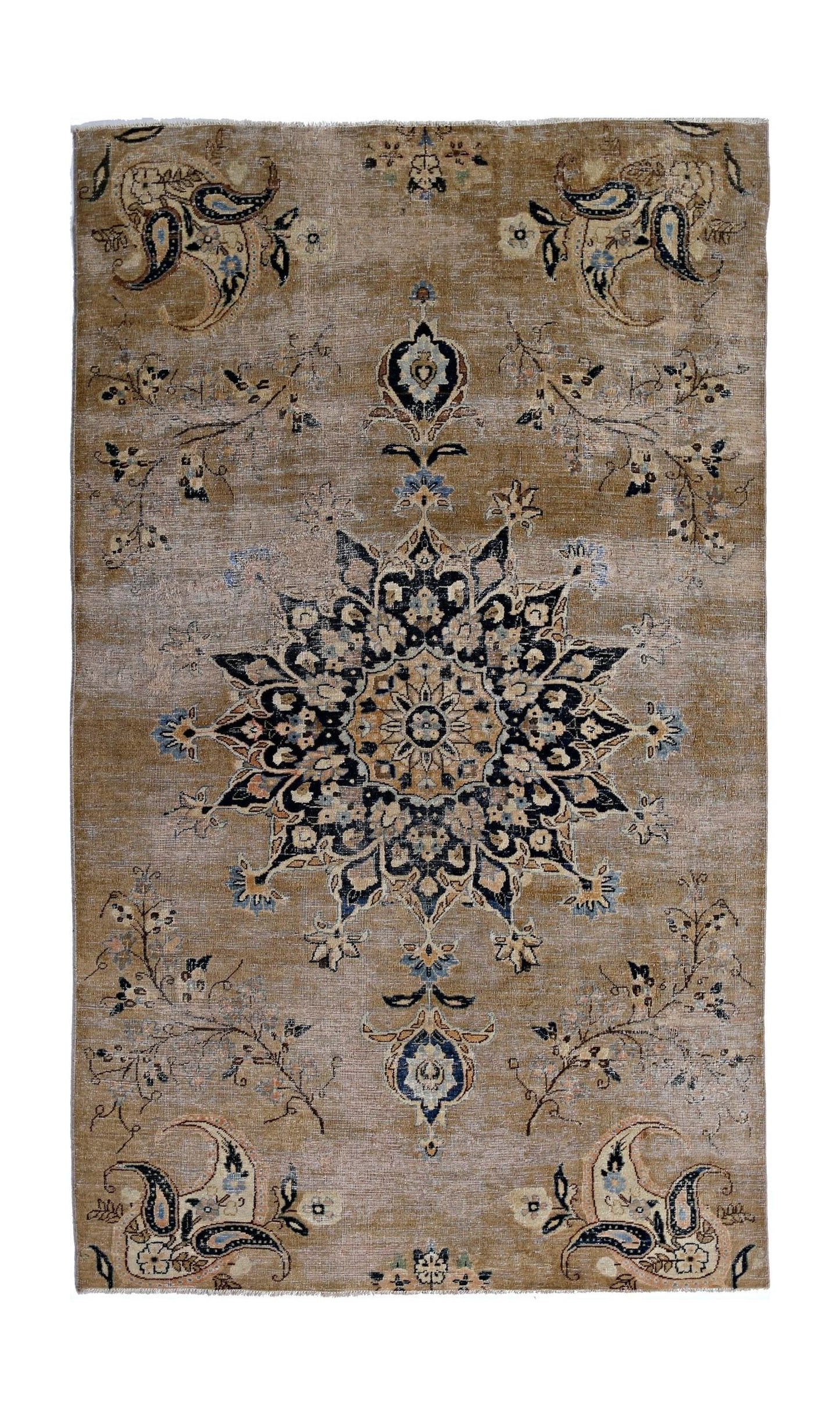 A vintage Persian Kerman rug featuring a central floral medallion on a tan field.