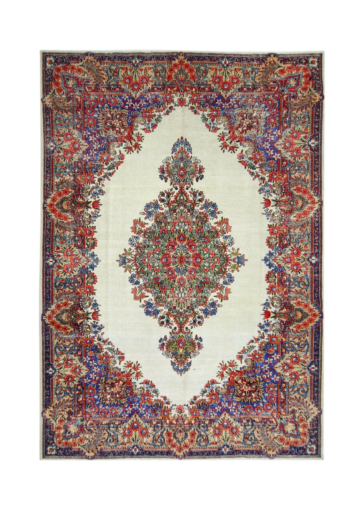 Vintage Persian Kerman rug with a cream field, central floral medallion, and intricate red and blue botanical borders.
