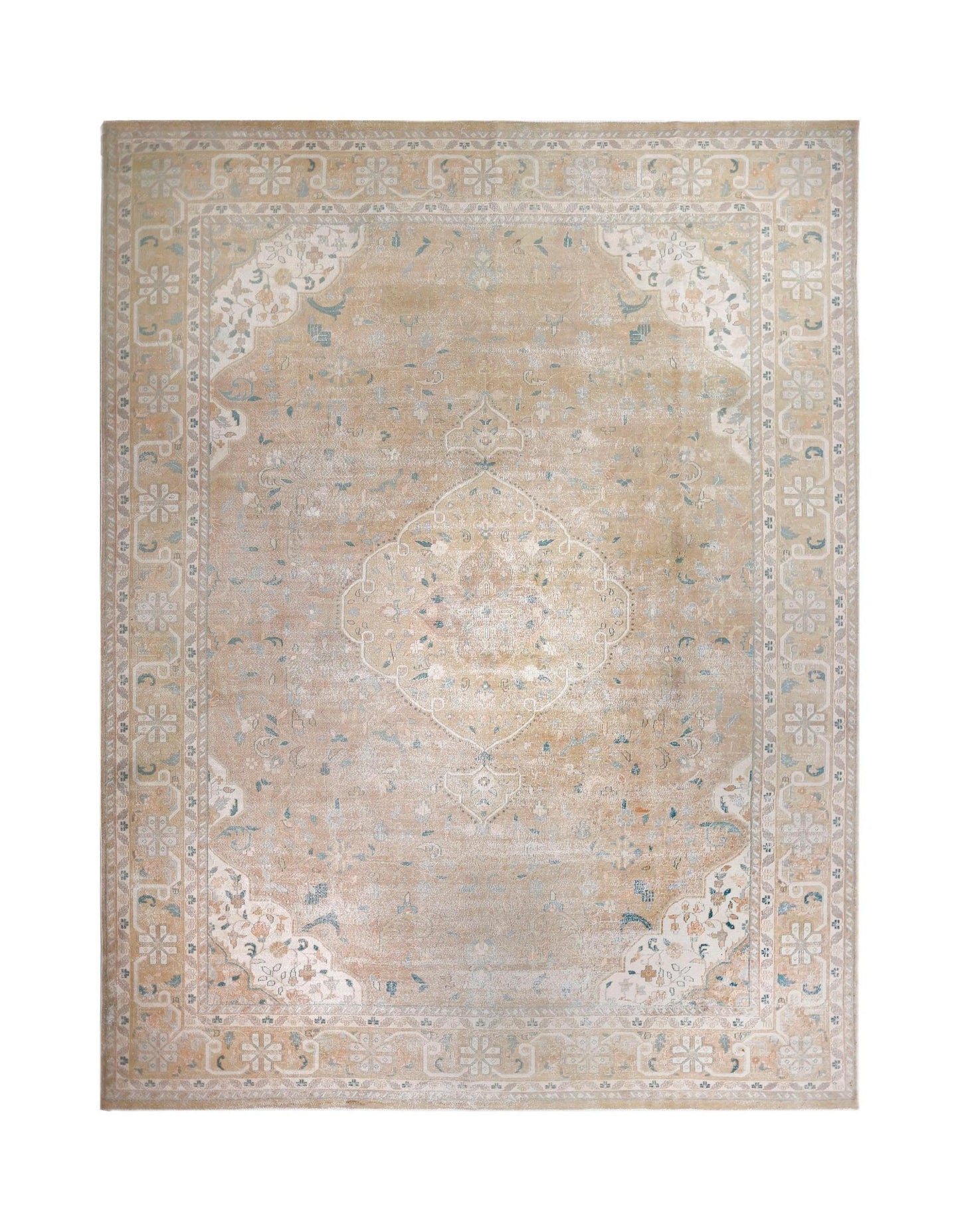 A vintage Persian Kerman rug featuring a central medallion and floral motifs in soft beige tones.