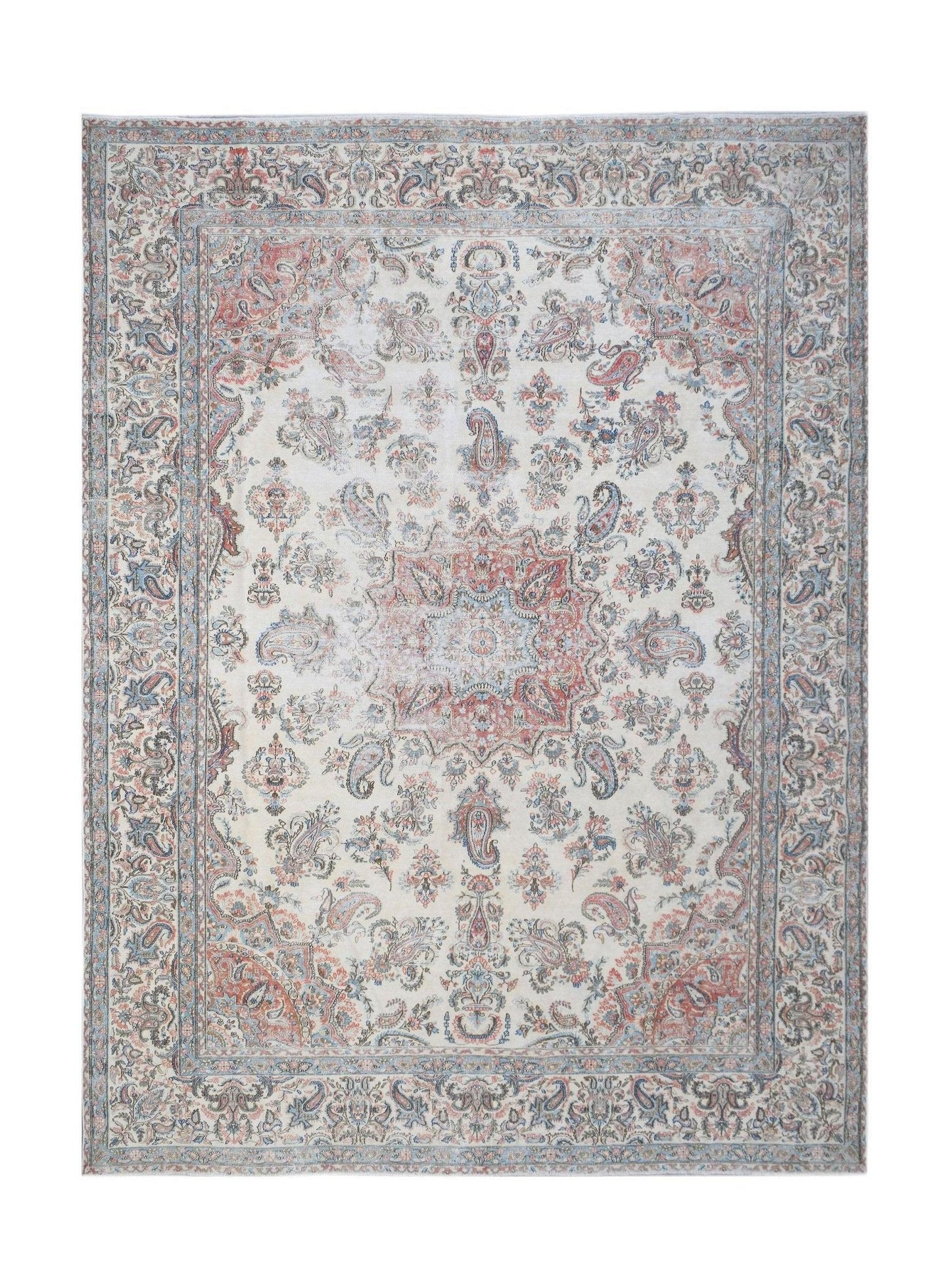 Vintage Persian Kerman rug featuring a central medallion and intricate floral paisley patterns.