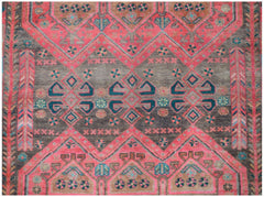 A vintage Persian Koliai rug featuring a geometric Throne of Jamshed pattern in red and brown tones.