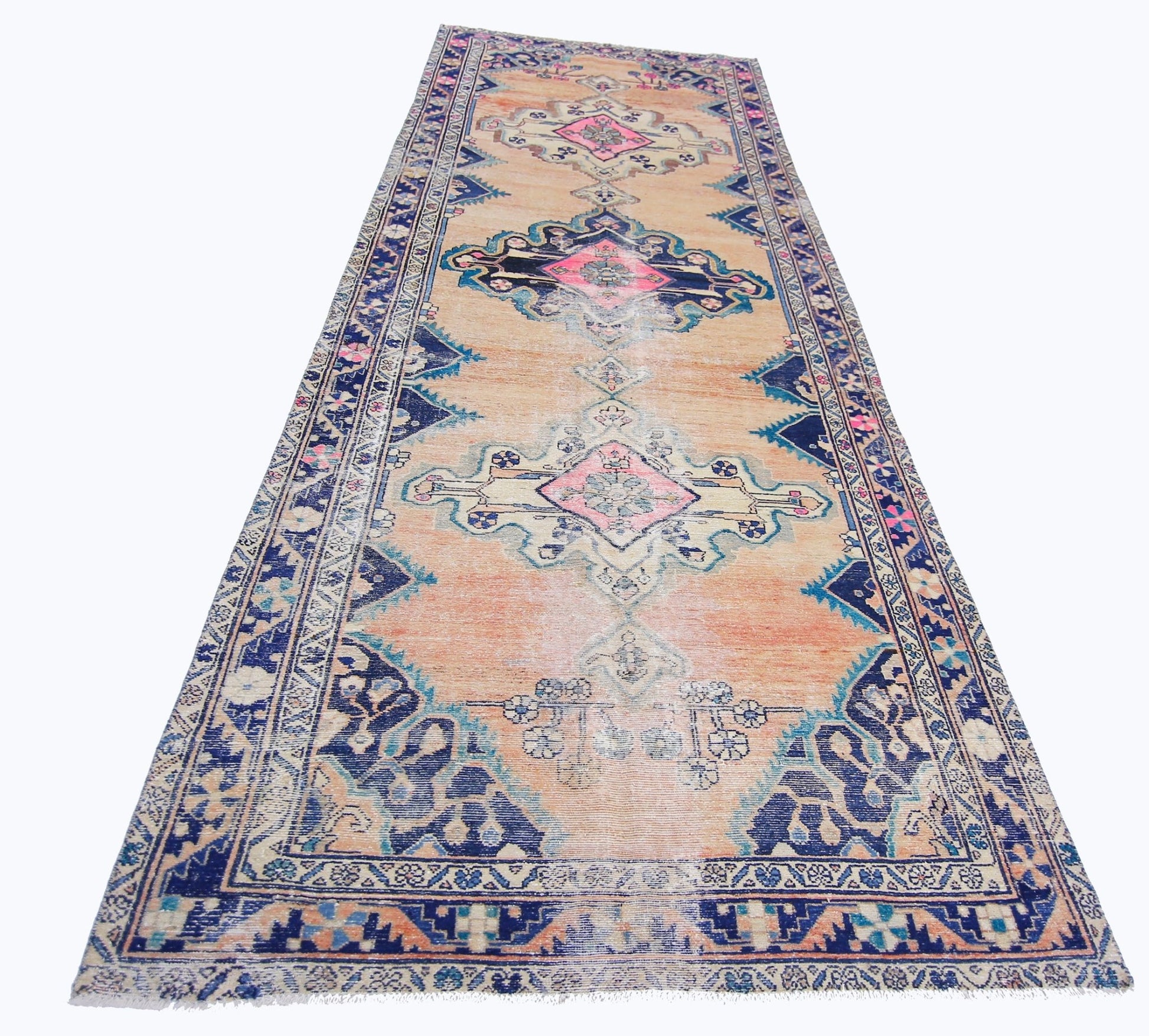 Handmade Vintage Persian Hallway Runner | 388 x 146 cm | 12'9" x 4'9" - Najaf Rugs & Textile
