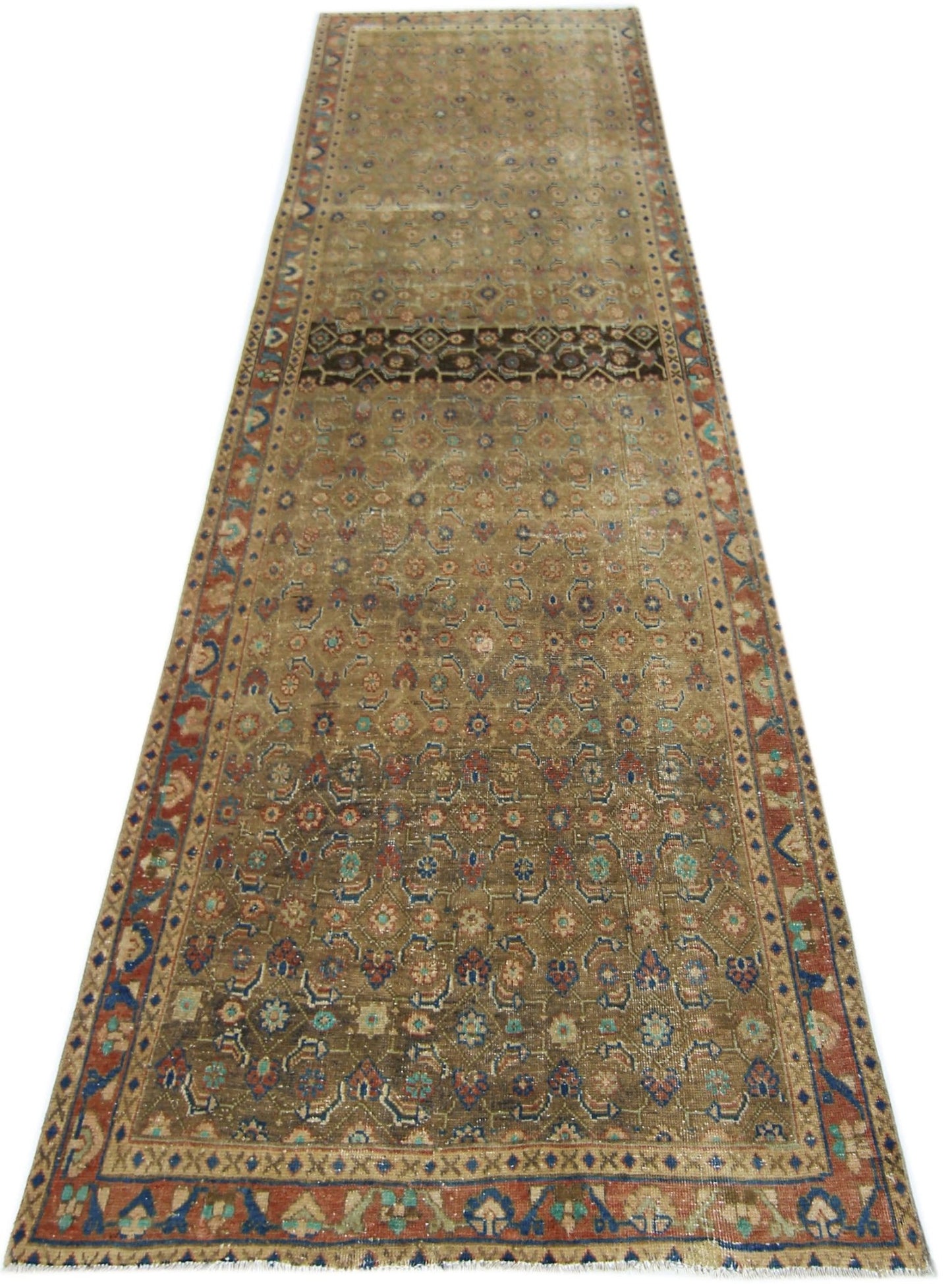 A vintage handmade Persian Hamadan runner featuring a traditional floral pattern in earthy tones.