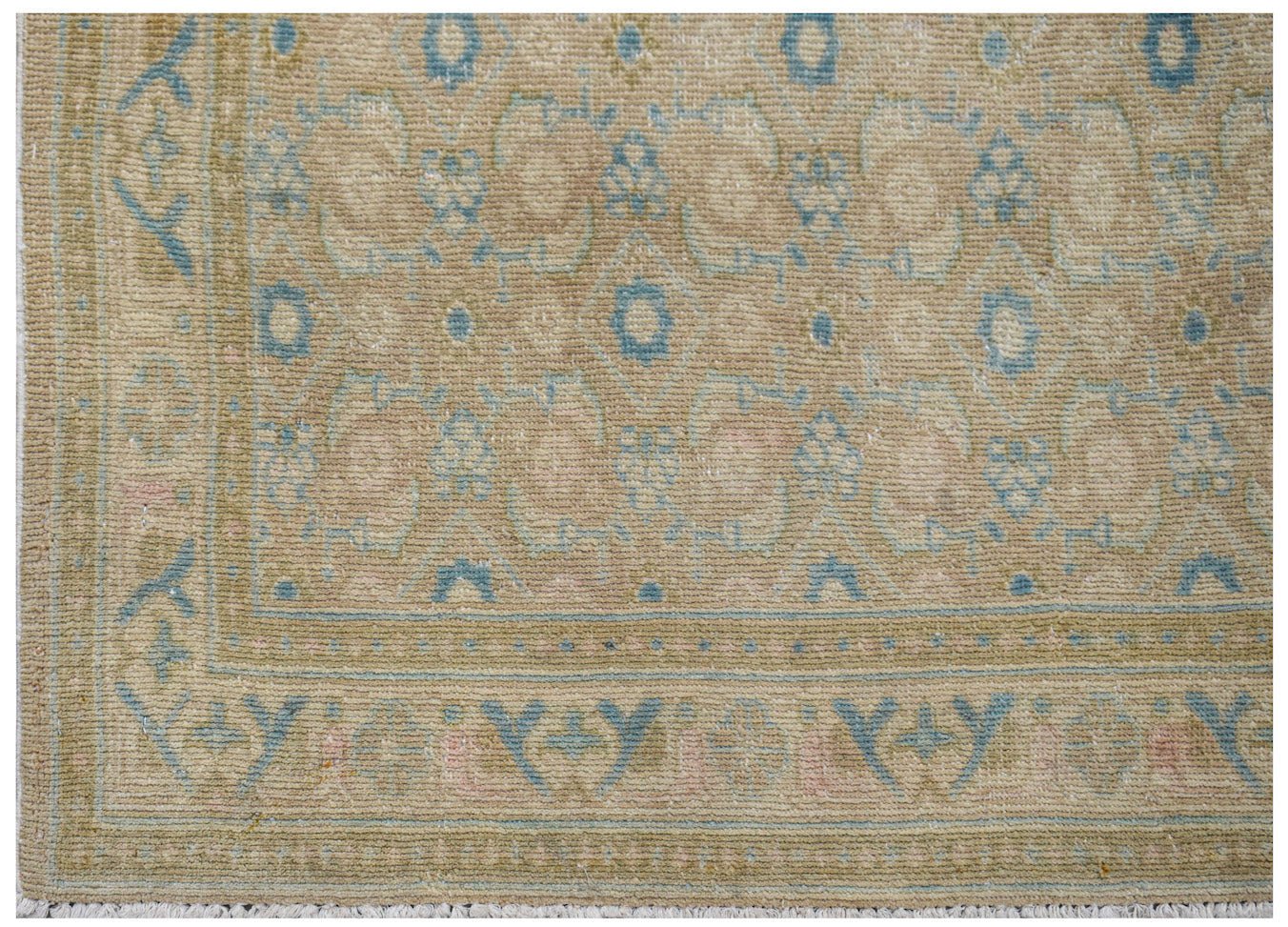Vintage Persian Hamadan runner with a tan background and blue floral motifs.