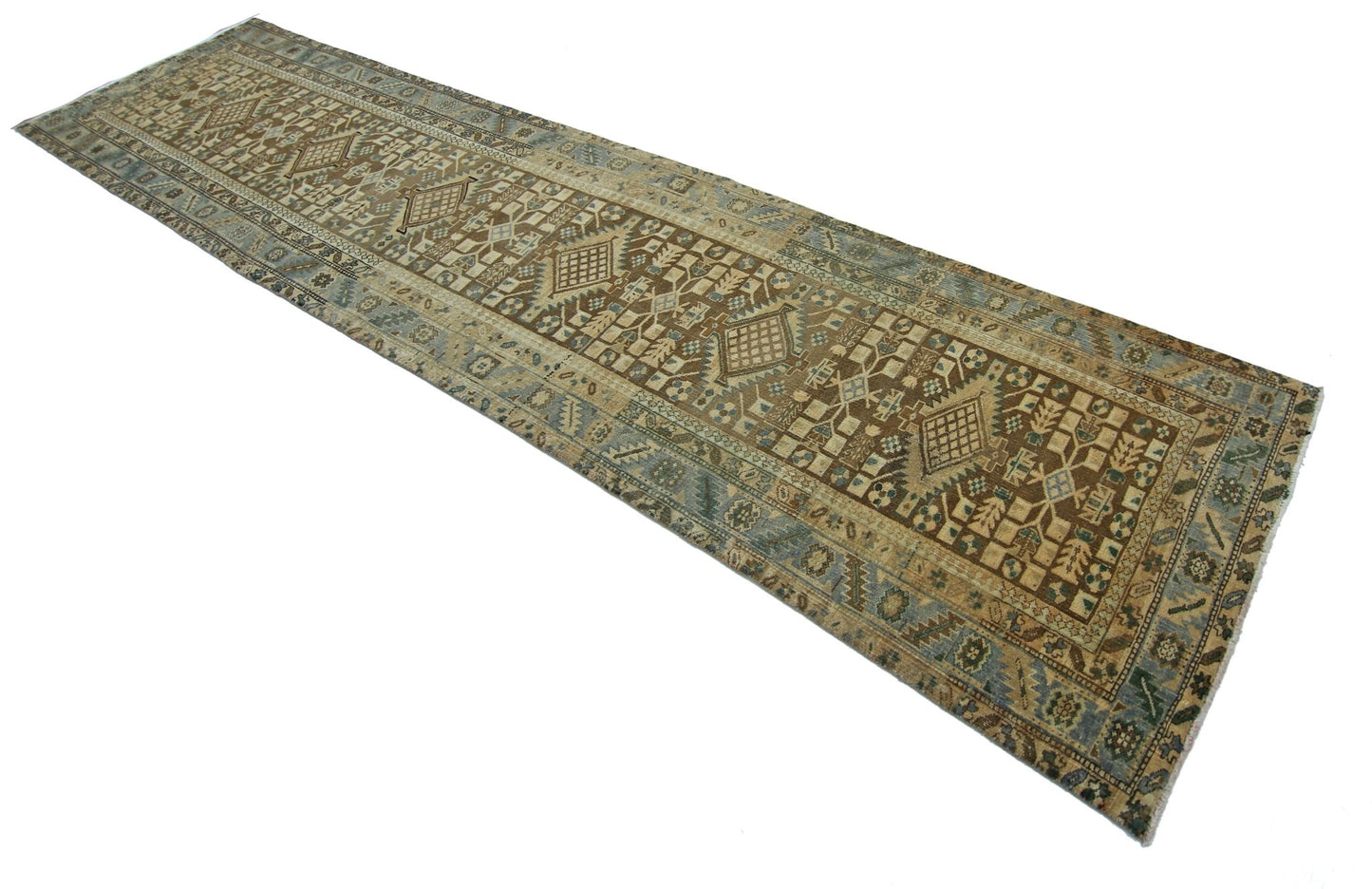 A vintage Persian Malayer runner featuring geometric patterns in brown, blue, and beige tones.