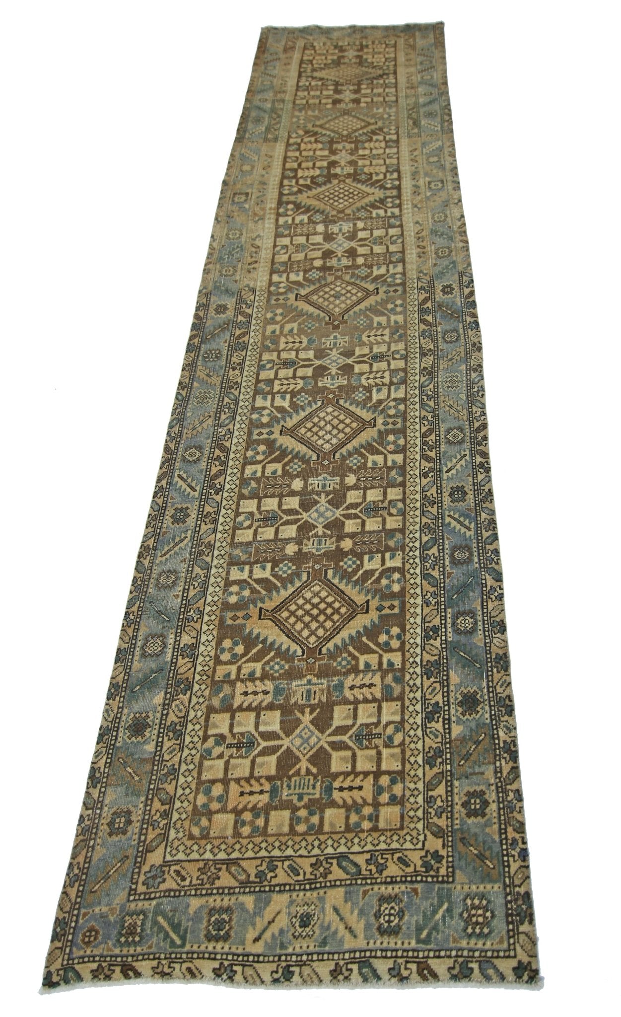 A vintage Persian Malayer runner featuring geometric patterns in blue and brown tones.