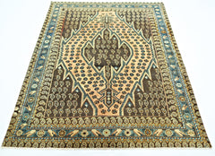 A vintage Persian Mazlaghan rug featuring a central diamond medallion on a brown and tan field.