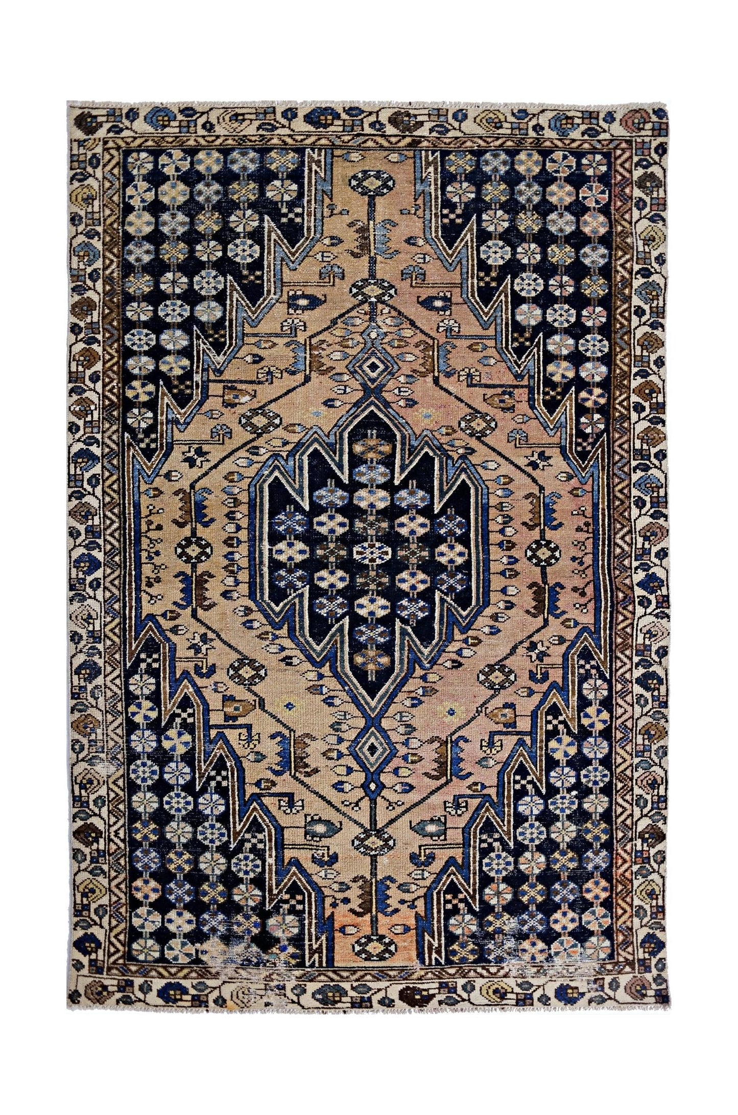 Vintage Persian Mazlaghan rug featuring a geometric medallion in navy and tan wool.