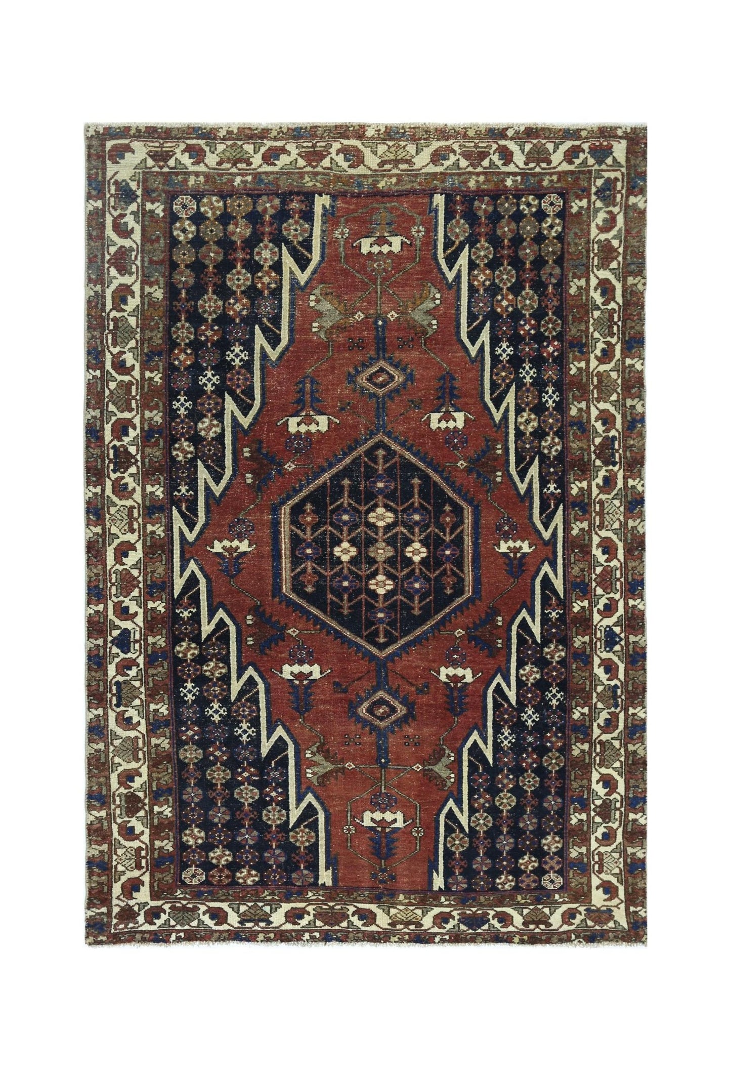 Vintage Persian Mazlaghan rug featuring a central geometric medallion on a red and navy field.